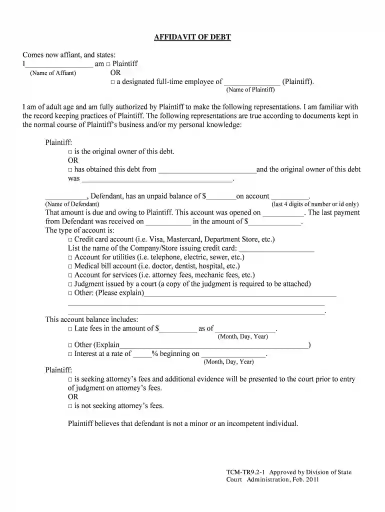affidavit of debt sample Preview on Page 1