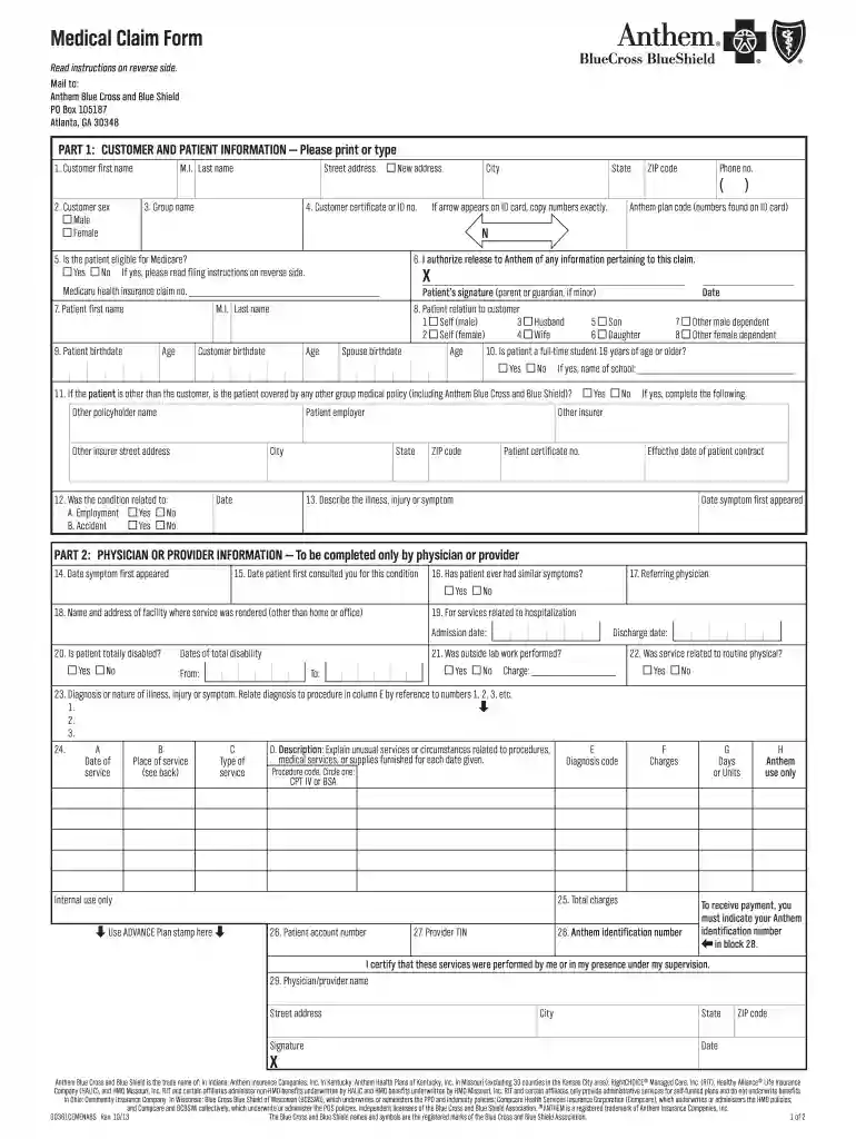 anthem out of network claim form Preview on Page 1