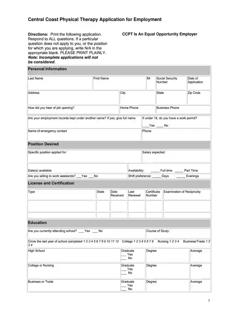 physical therapist job application form Preview on Page 1
