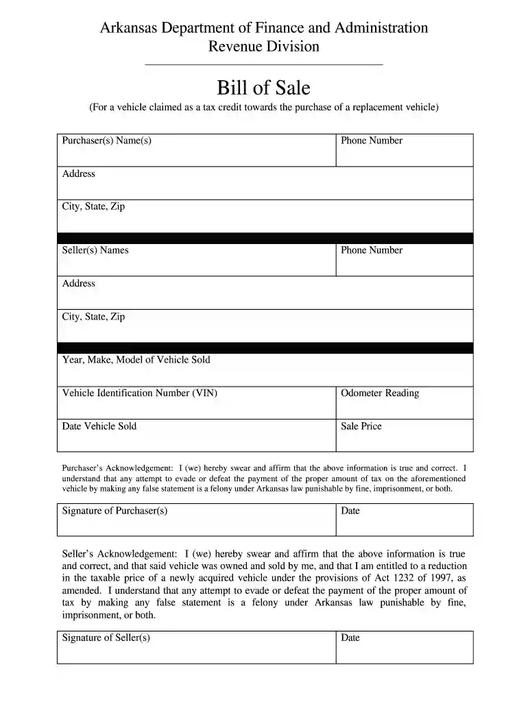 arkansas dmv bill of sale Preview on Page 1