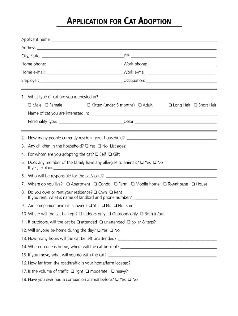 cat adoption application template Preview on Page 1
