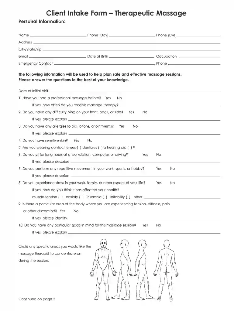 massage intake form Preview on Page 1