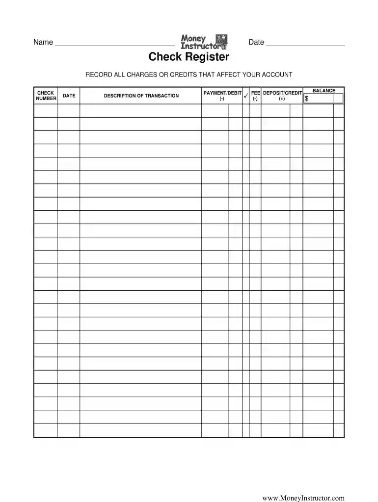 free checkbook register printable Preview on Page 1