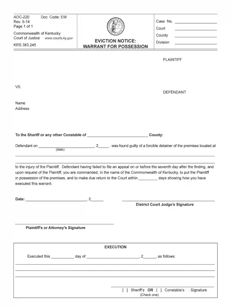 writ of possession kentucky Preview on Page 1