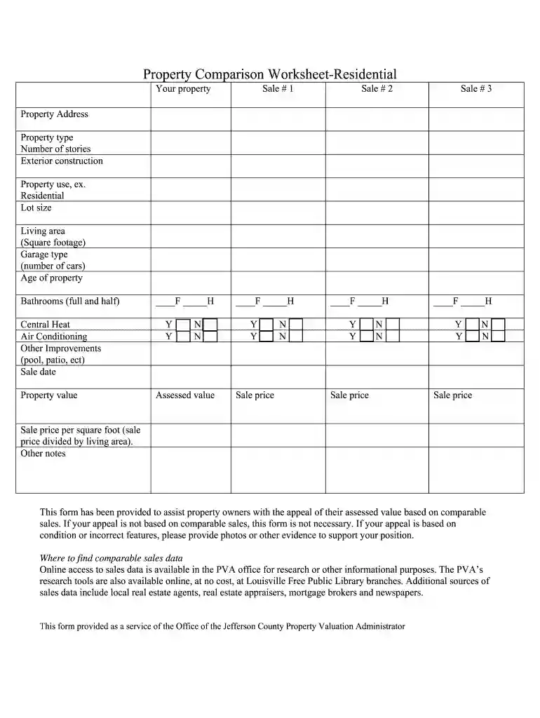 property comparison worksheet Preview on Page 1