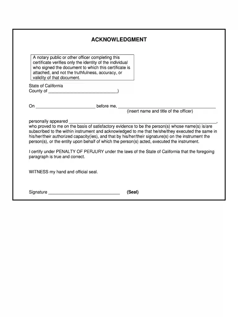 california acknowledgment form Preview on Page 1