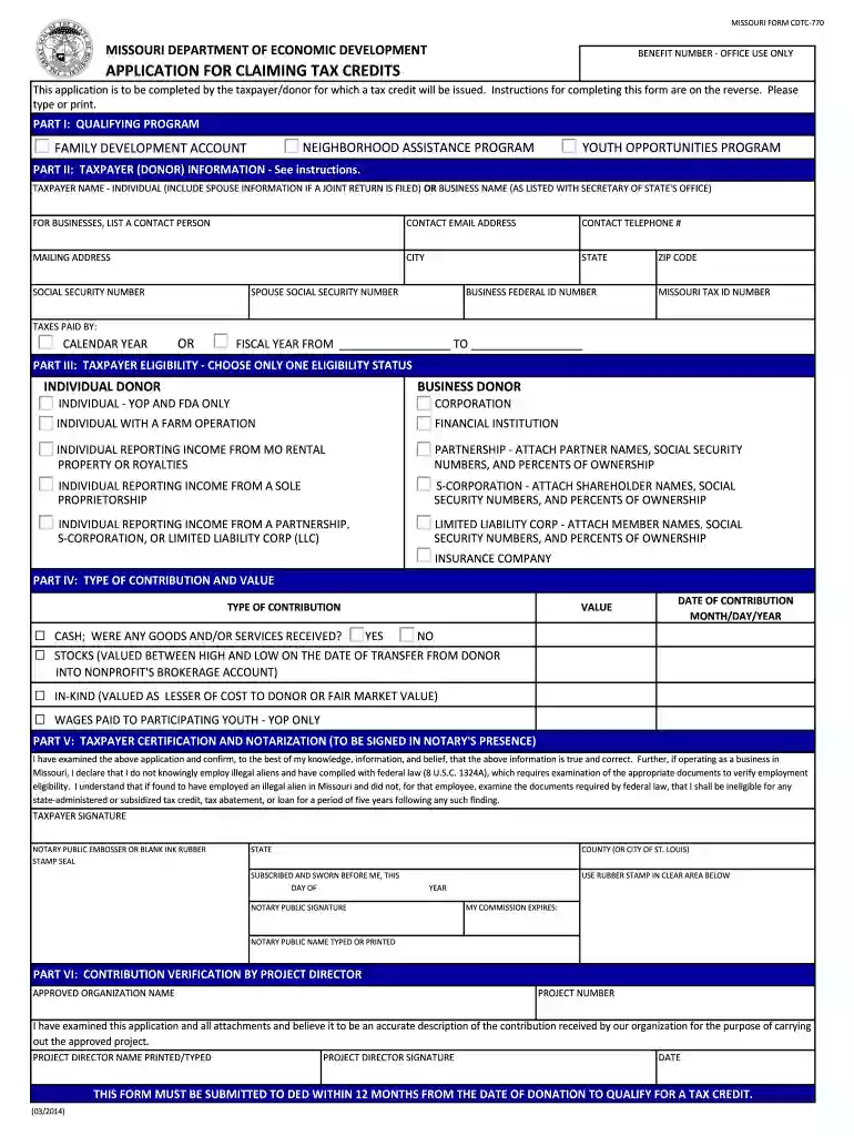 missouri application for claiming tax credits Preview on Page 1