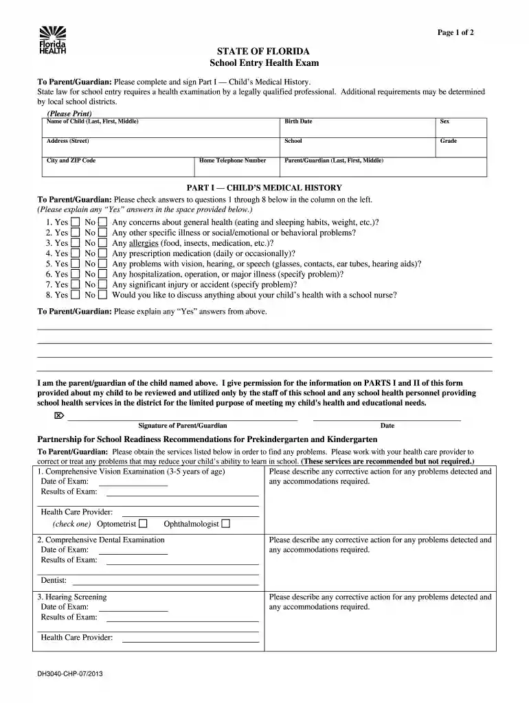 florida school entry health form Preview on Page 1