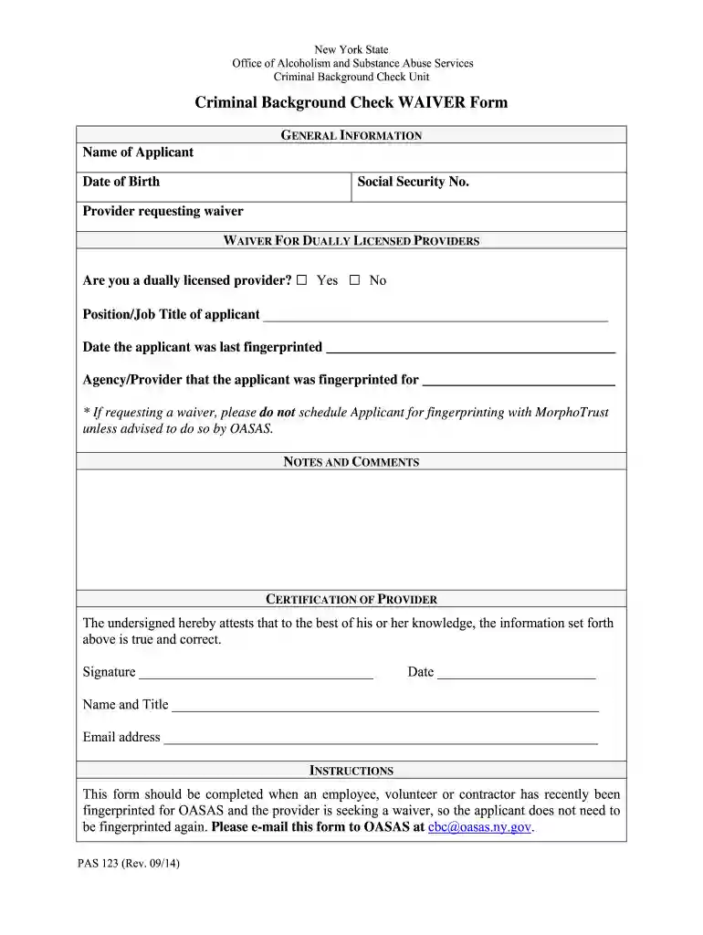 Criminal Background Check Waiver Form - PAS-123 (Revised 09 14) - oasas ny Preview on Page 1