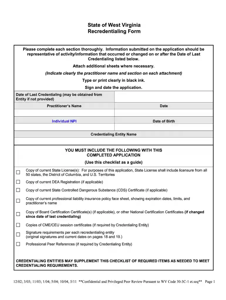 state of wv recredentialing form Preview on Page 1