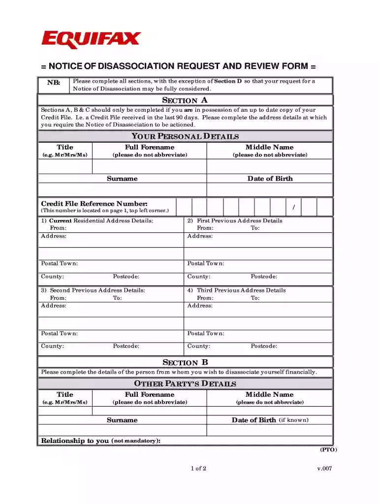 equifax disassociation form Preview on Page 1