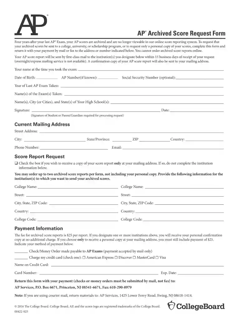 ap archived score request form Preview on Page 1