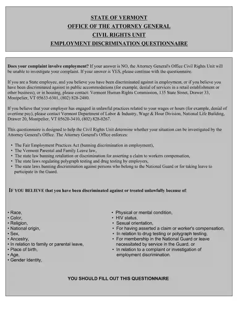 employment discrimination form vermont Preview on Page 1