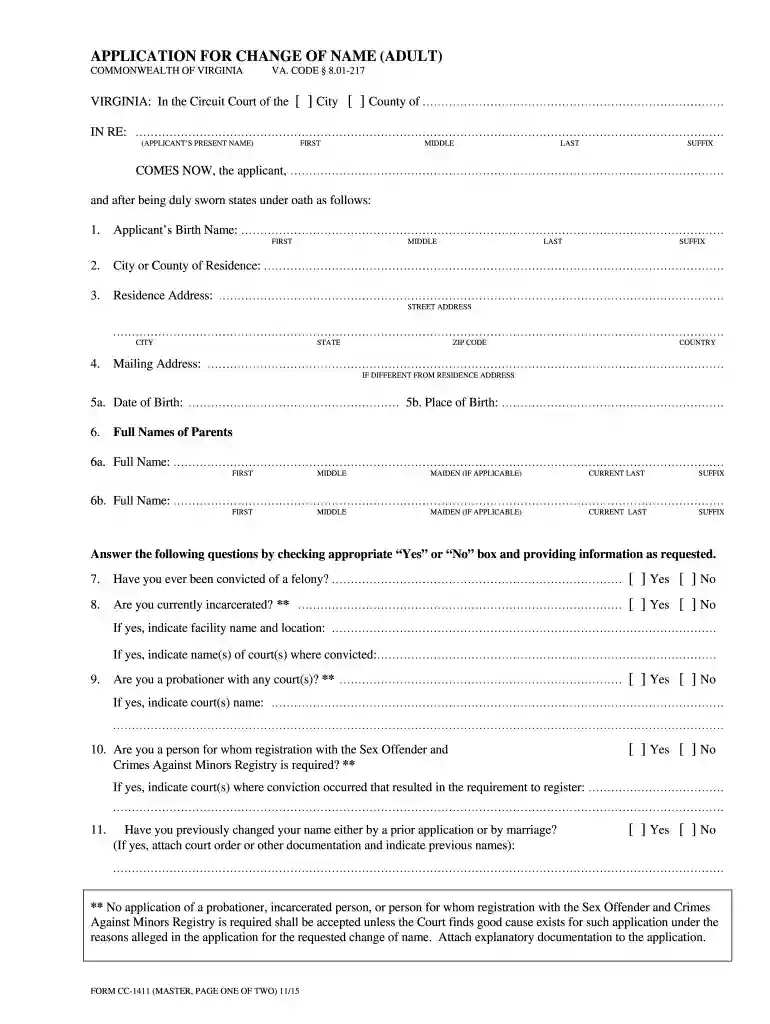 APPLICATION FOR CHANGE OF NAME (ADULT) Preview on Page 1