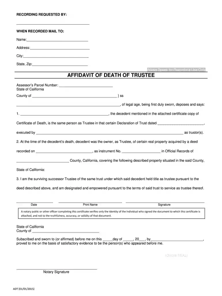 how to fill out affidavit of death of trustee california Preview on Page 1