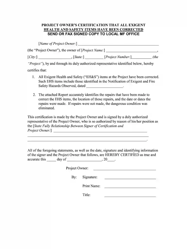 project owner's certification that all exigent Preview on Page 1