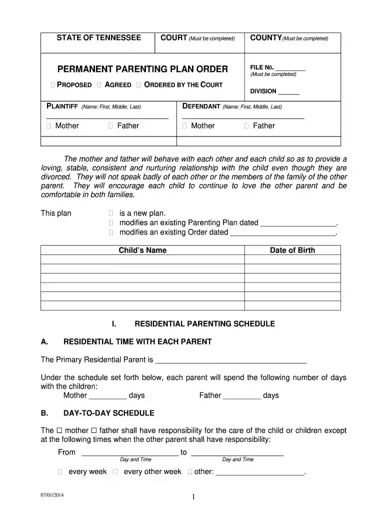 petition to modify parenting plan tennessee form Preview on Page 1