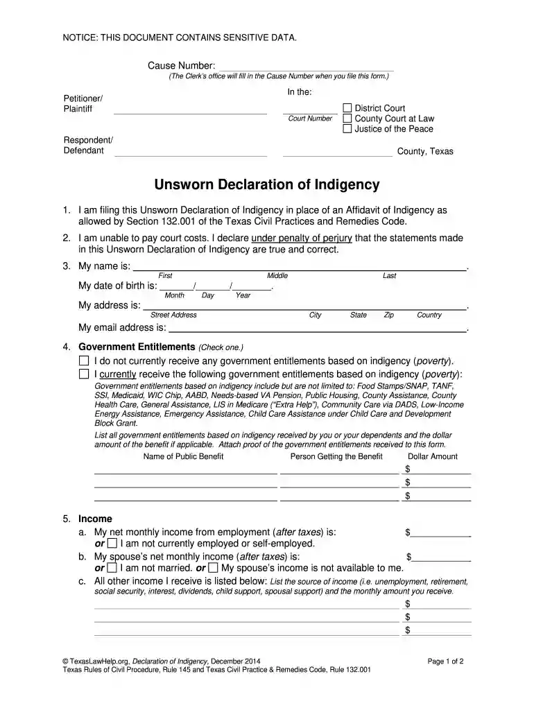 declaration of indigency Preview on Page 1
