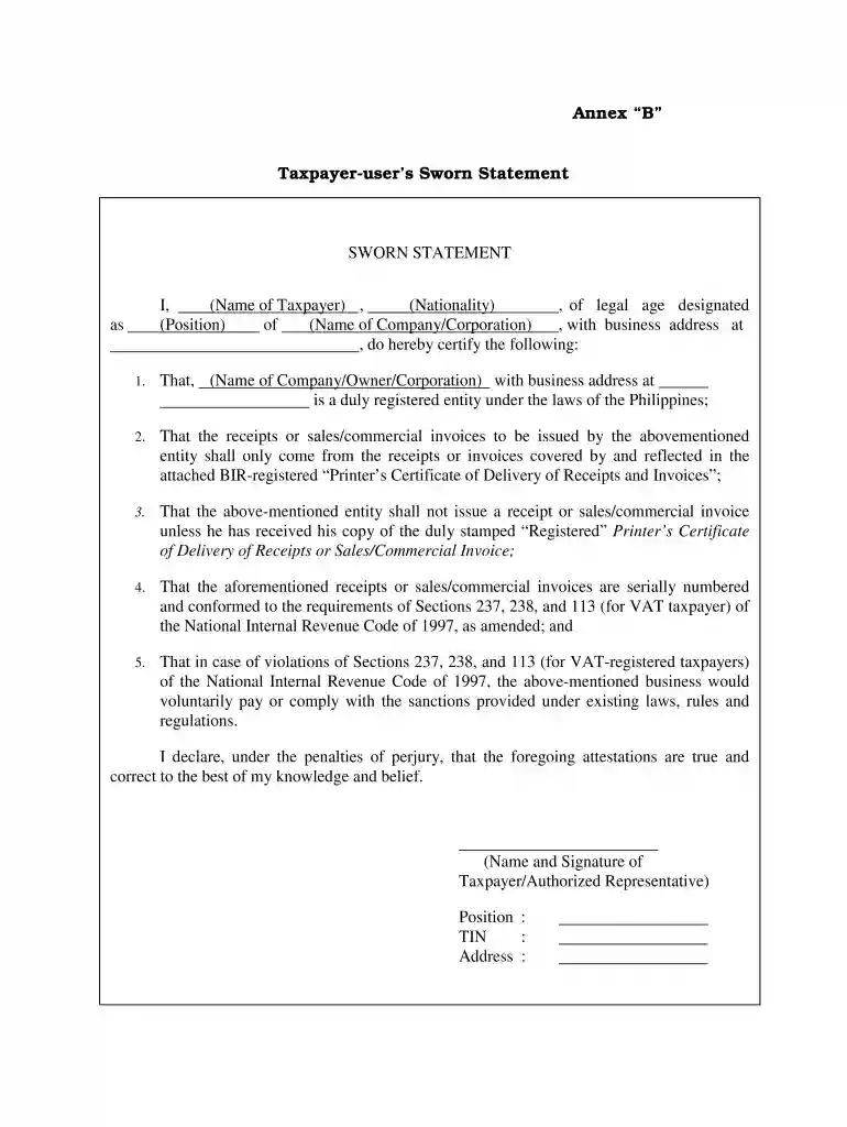 sworn declaration bir Preview on Page 1