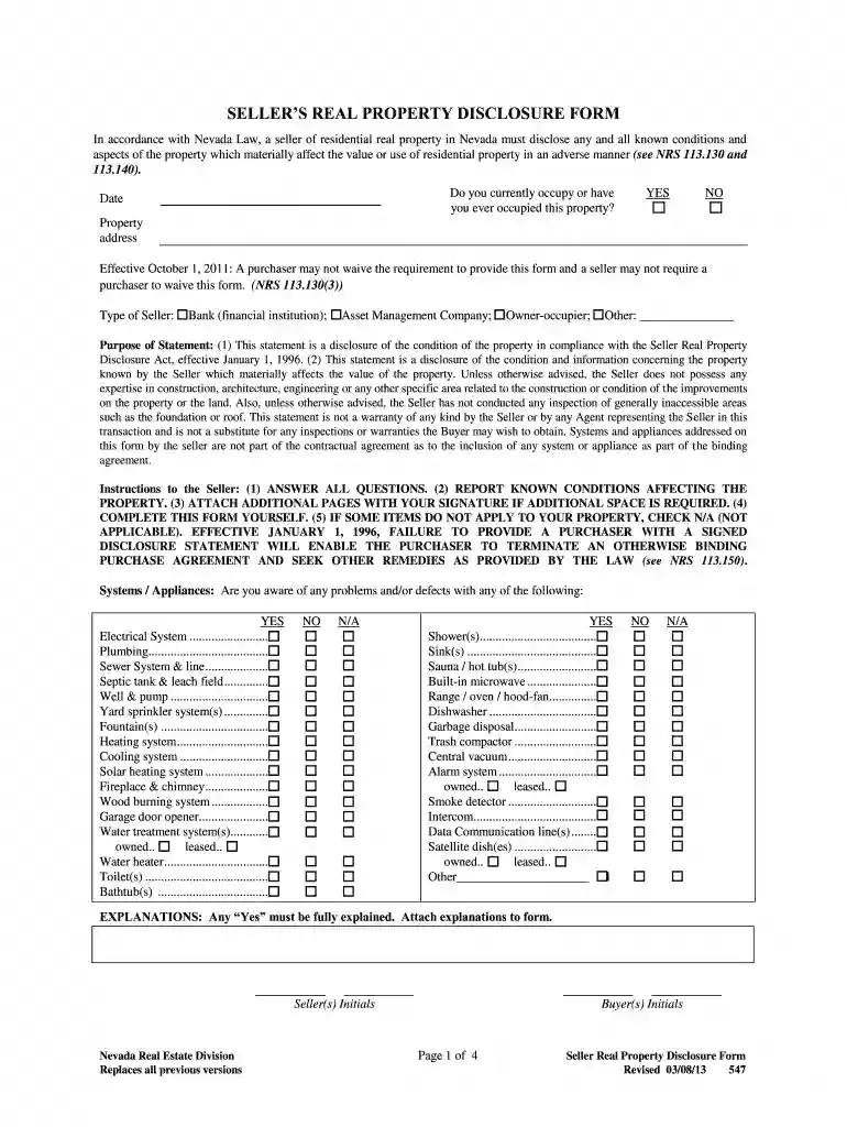 Seller's Real Property Disclosure Form Preview on Page 1