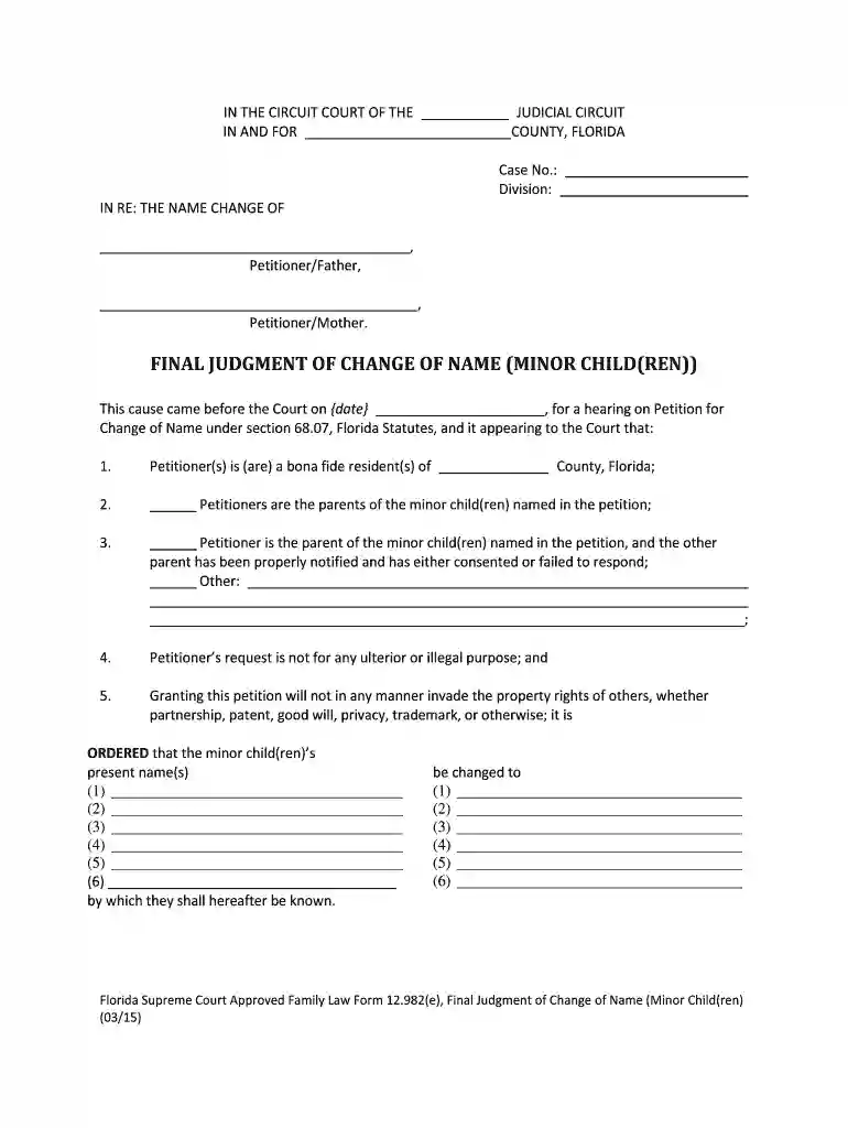 Final judgment of change of name (minor child(ren)) - Florida Courts - flcourts Preview on Page 1