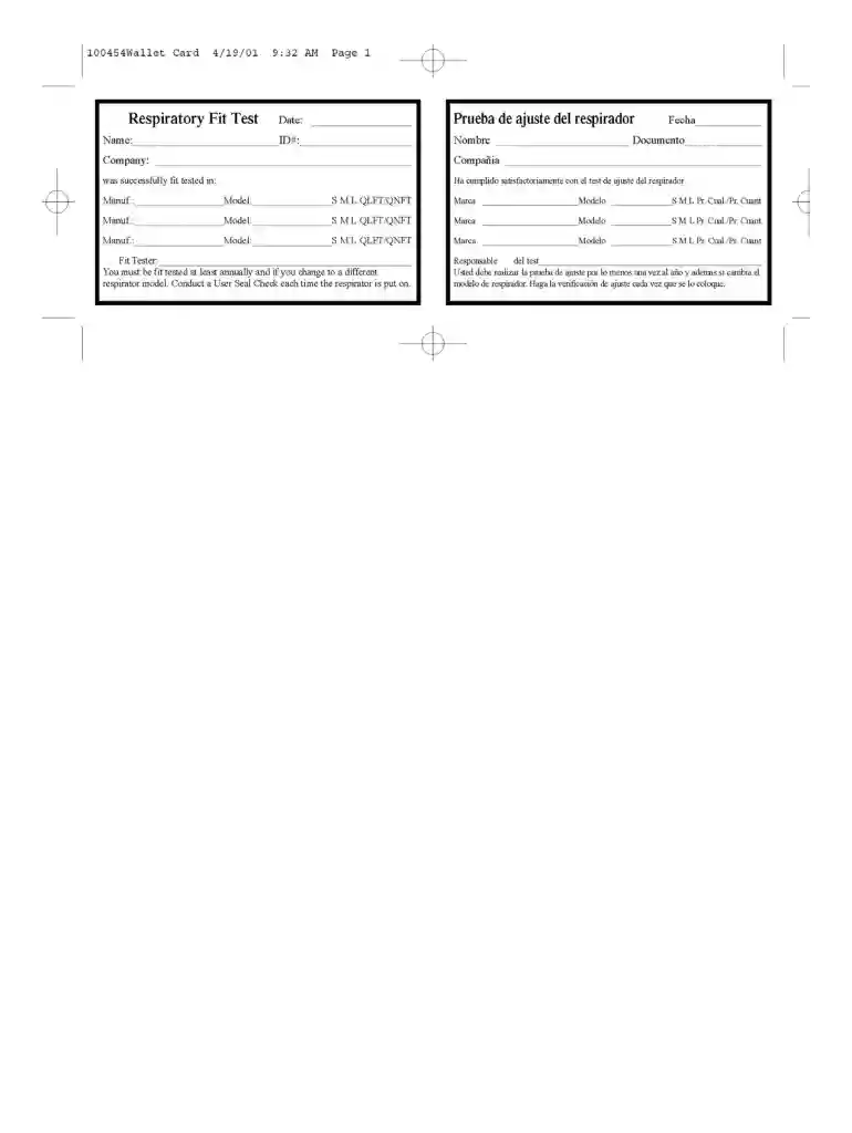 respirator fit test card template Preview on Page 1