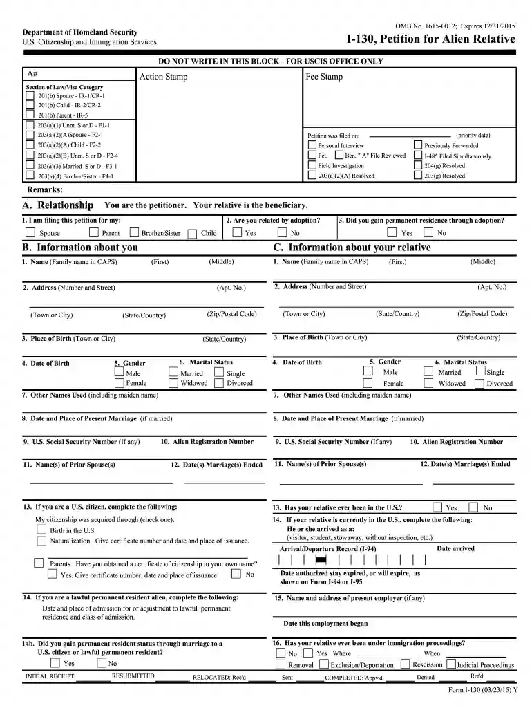 OMB No. 1615-0012; Expires 12/31/2015 Department of Preview on Page 1