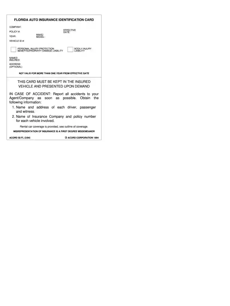 florida automobile insurance identification card Preview on Page 1