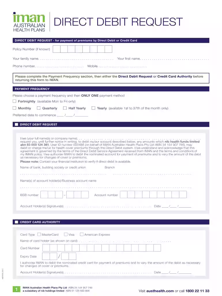 DIRECT DEBIT REQUEST - for payment of premiums by Direct Debit or Credit Card Preview on Page 1