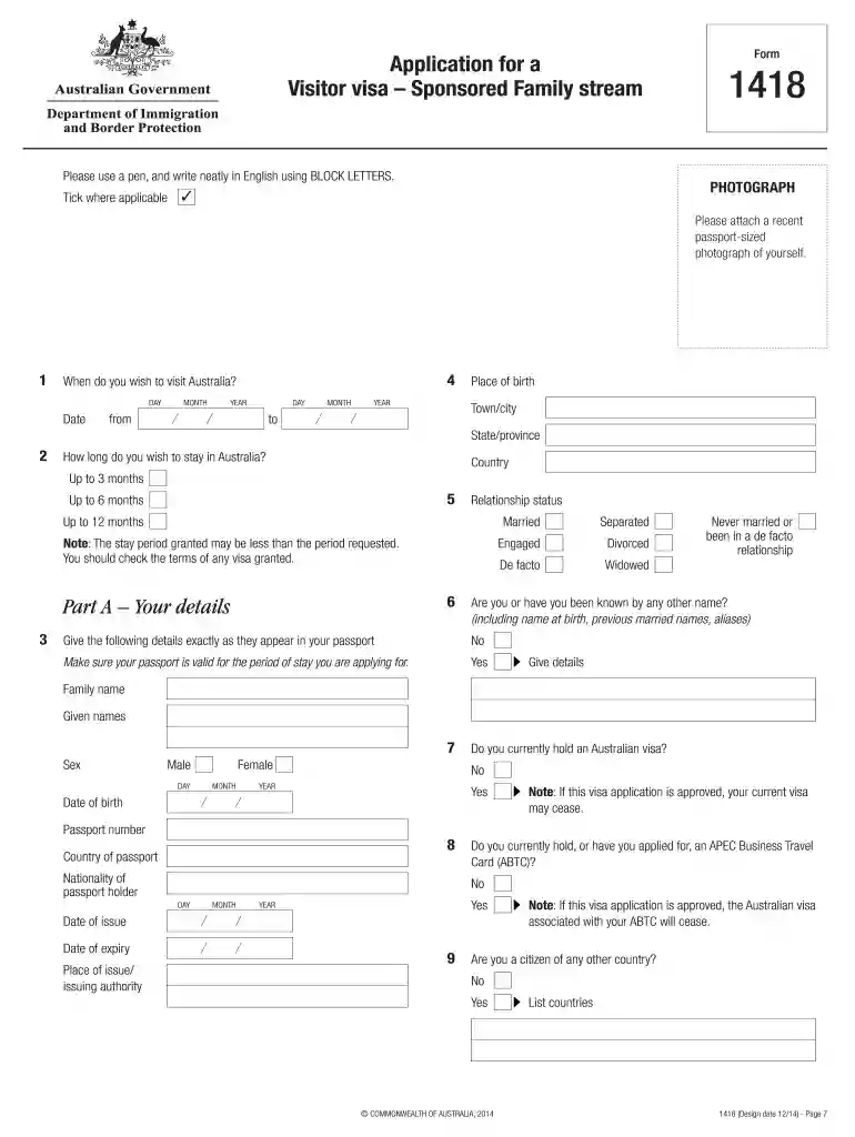 australia visitor visa form 1418 download pdf Preview on Page 1