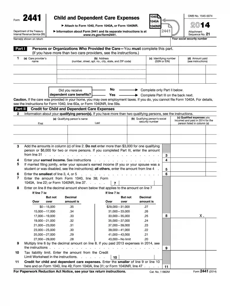 Form 2441 Child and Dependent Care Expenses Department of the Treasury Internal Revenue Service (99) Preview on Page 1