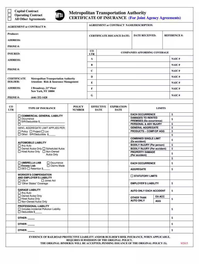 mta certificate of insurance form Preview on Page 1