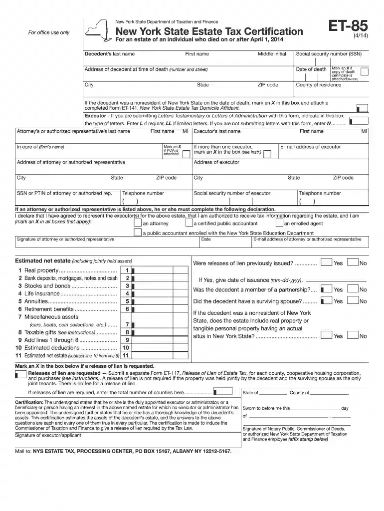 new york state estate tax certification et 85 due date Preview on Page 1