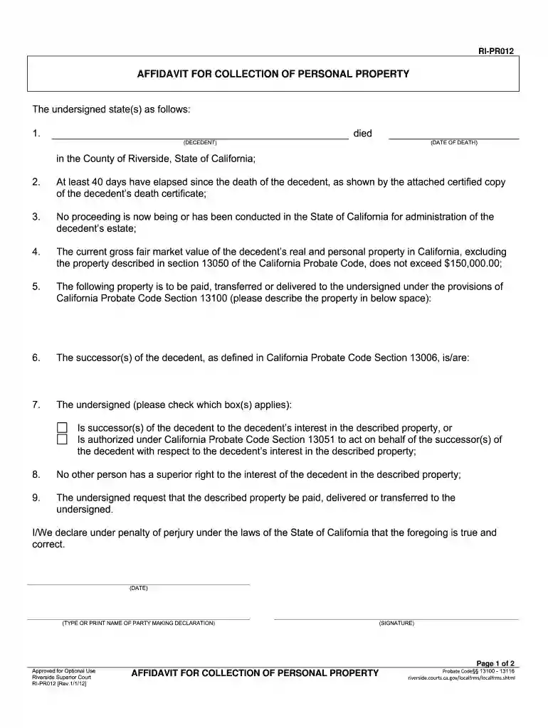 riverside county small estate affidavit Preview on Page 1