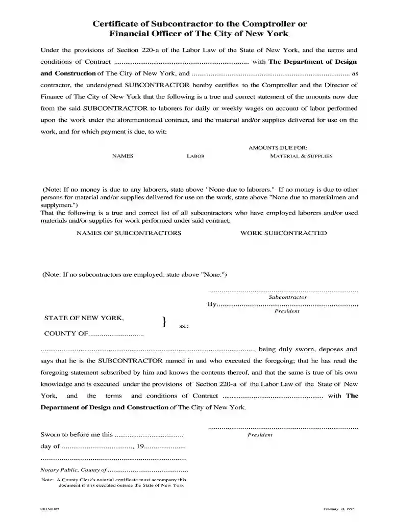 subcontractor certificate format Preview on Page 1