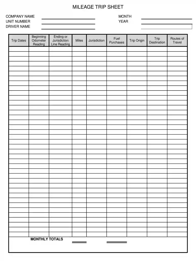 mileage trip sheet Preview on Page 1