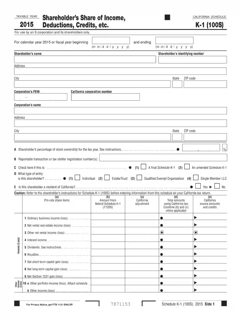 online ftb state of ca schedule k 1 for s corp 2015 form Preview on Page 1
