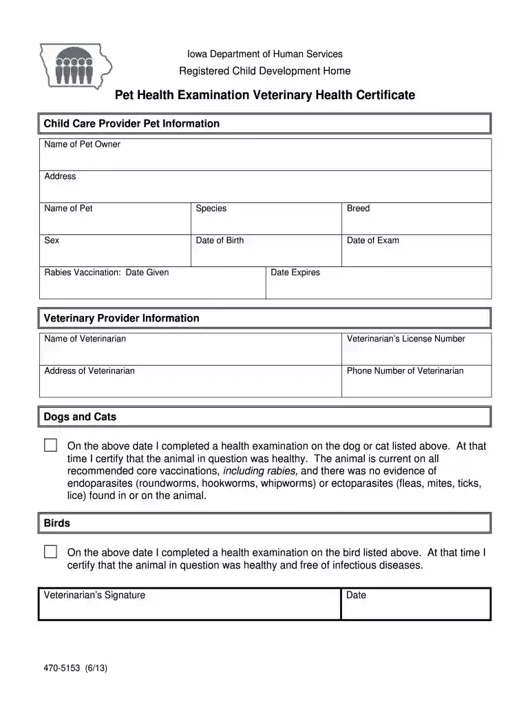 470-5153 Pet Health Examination Veterinary Health Certificate - dhs iowa Preview on Page 1