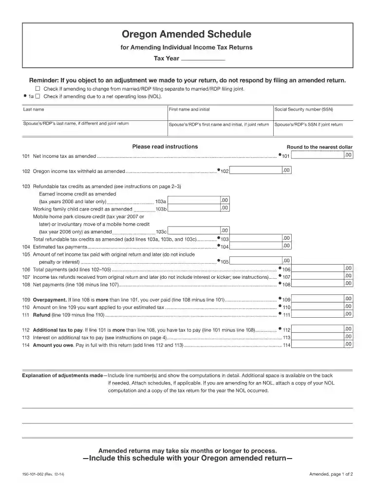 oregon amended schedule 2014 form Preview on Page 1