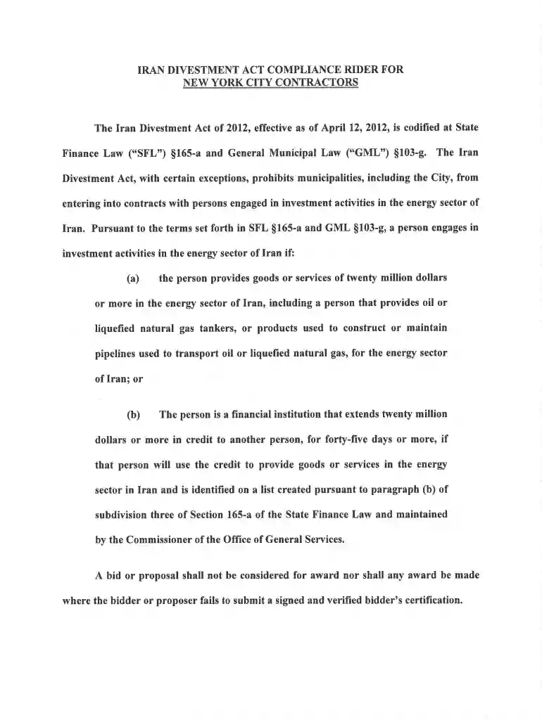 Bidders Certification Regarding Iran Divestment Act - nyc Preview on Page 1