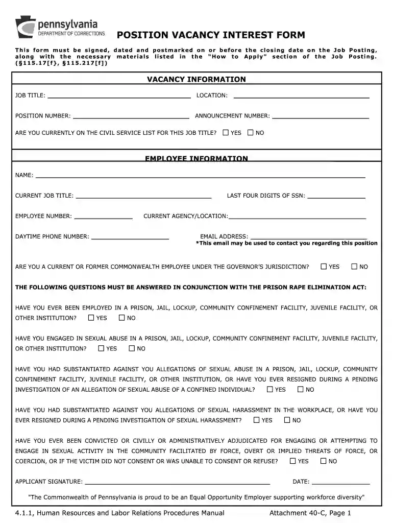 pa 40 vacancy form printable Preview on Page 1