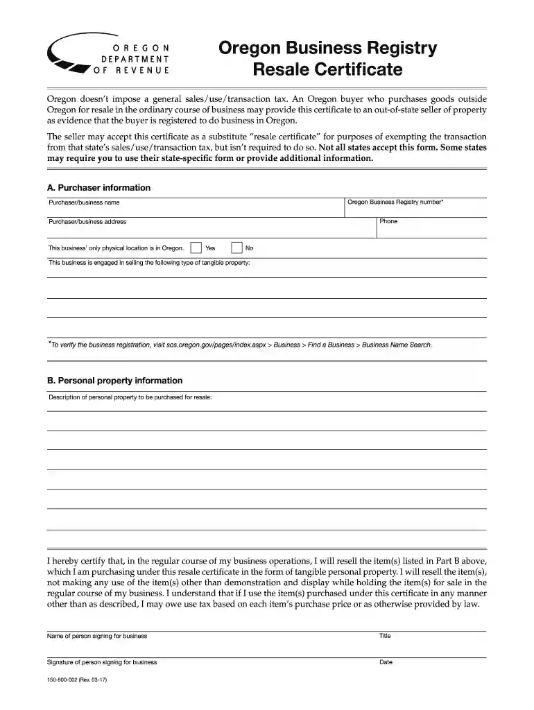 oregon resale certificate Preview on Page 1