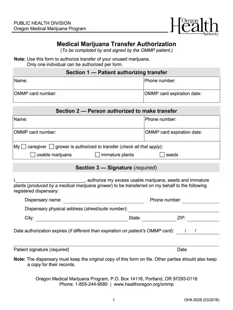 OHA 9328 Medical Marijuana Transfer Authorization OHA 9328 Medical Marijuana Transfer Authorization - oregon Preview on Page 1