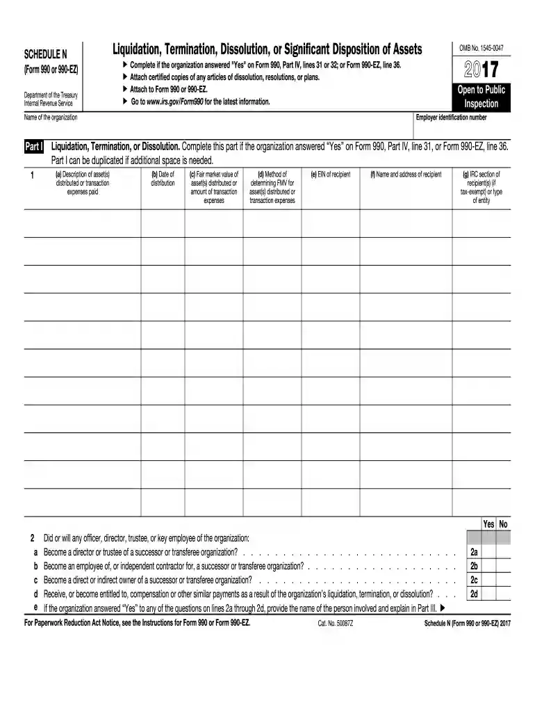 2017 Schedule N (Form 990 or 990-EZ ) Liquidation, Termination, Dissolution, or Significant Disposit Preview on Page 1