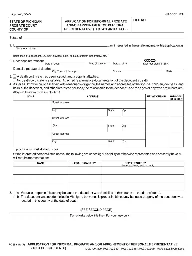 michigan application probate Preview on Page 1