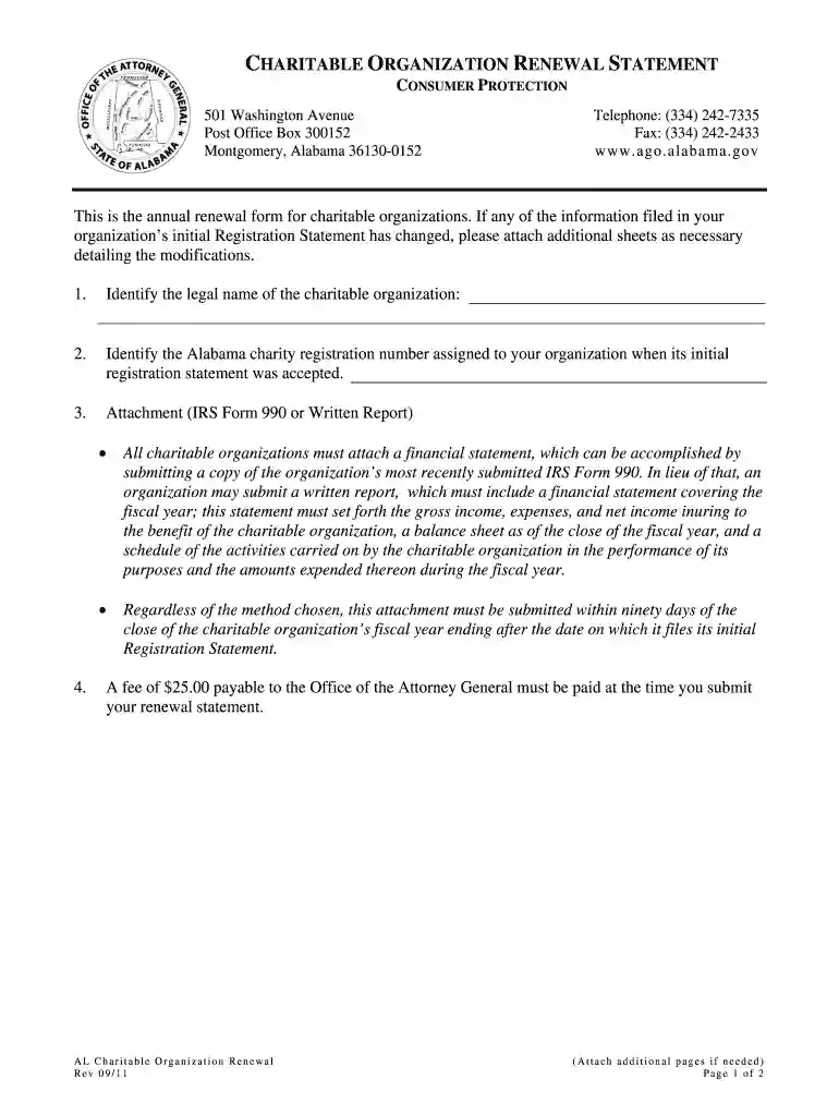 Charitable Organization Renewal Form - ago alabama Preview on Page 1