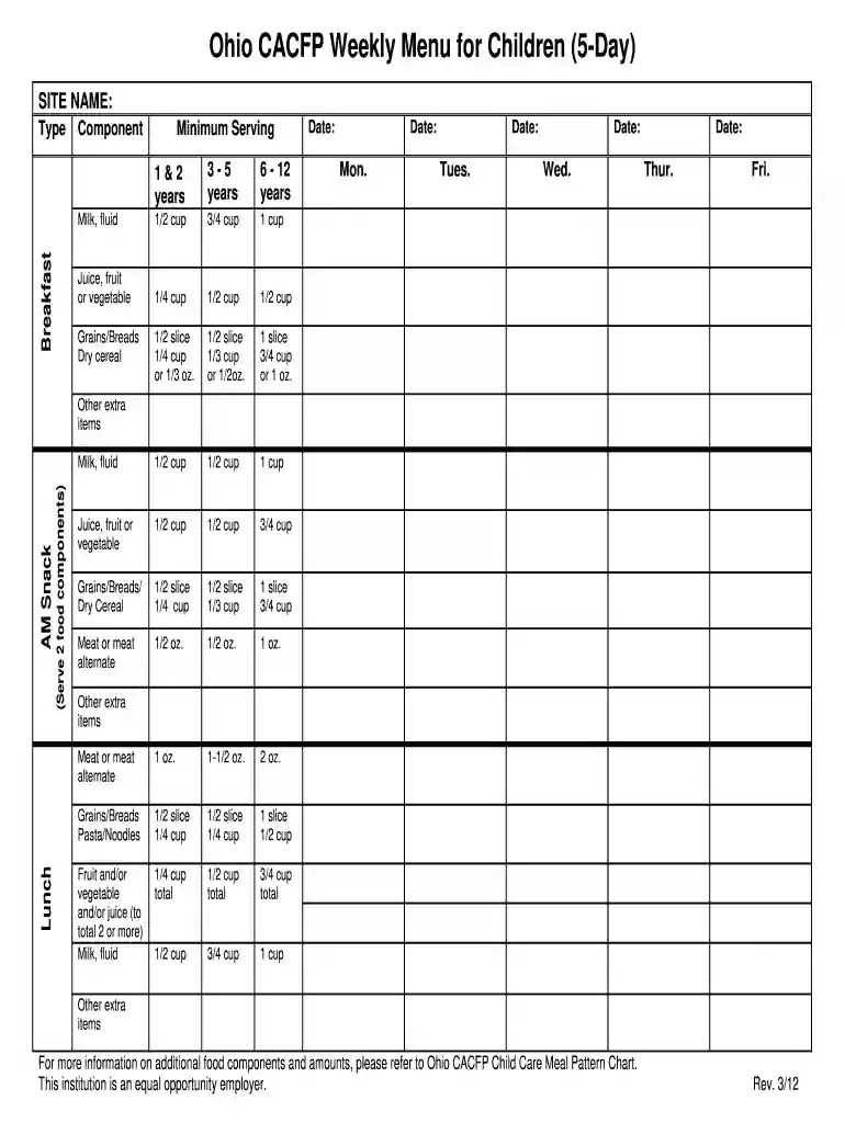 cacfp menu template Preview on Page 1
