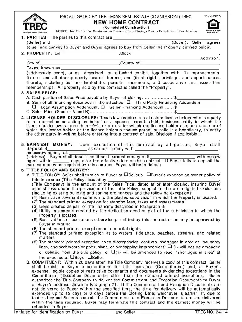 trec new home contract Preview on Page 1