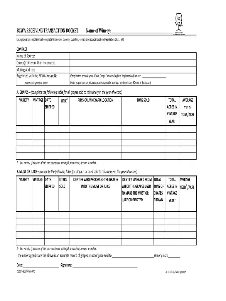 BCWA RECEIVING TRANSACTION DOCKET Preview on Page 1