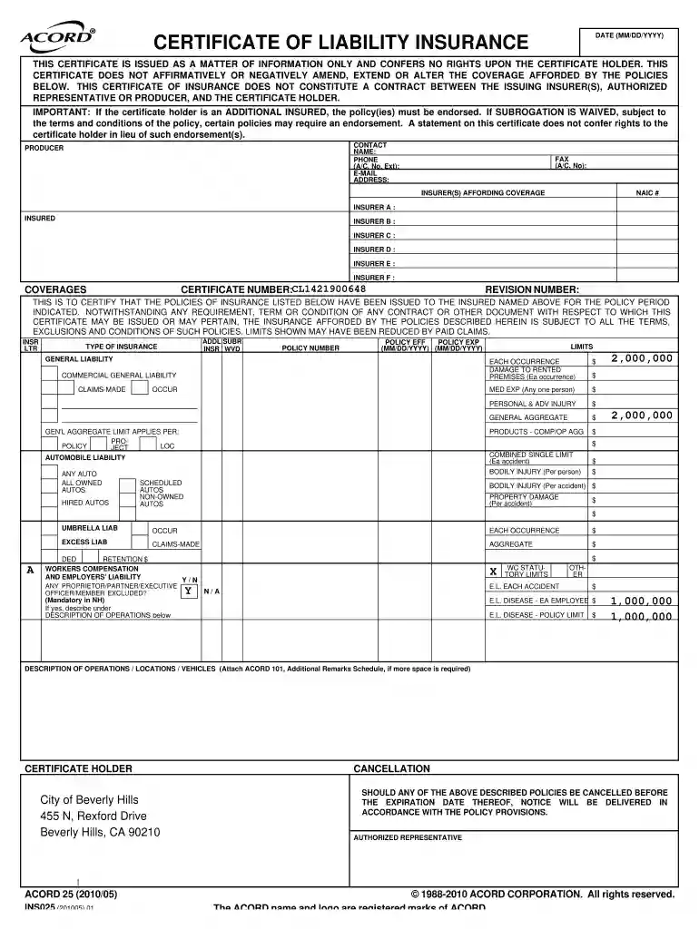 CERTIFICATE OF LIABILITY INSURANCE Preview on Page 1